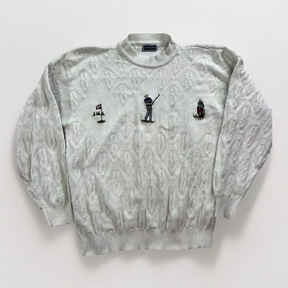 Vintage Court House Square Tight‎ Knit Embroidered Golf Sweater Grandpa Size XL